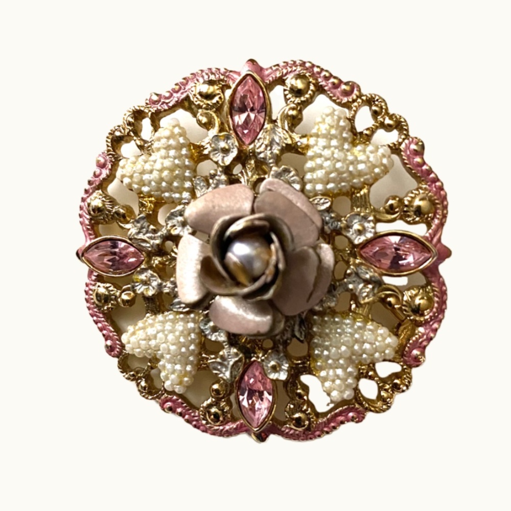 Vintage Style Hearts & Flower Brooch